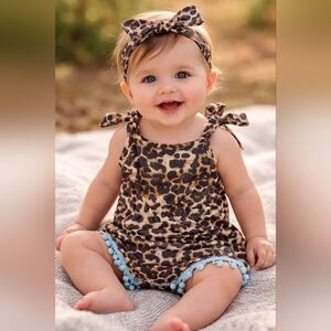 Baby Girl Leopard Print Romper- Shoulder Ties & Blue PomPom Trim Sz.12-18m #2063